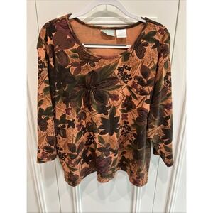 220 Hickory Floral Print Knit Top Size 2XL Beaded Sequin Butterfly Browns Autumn